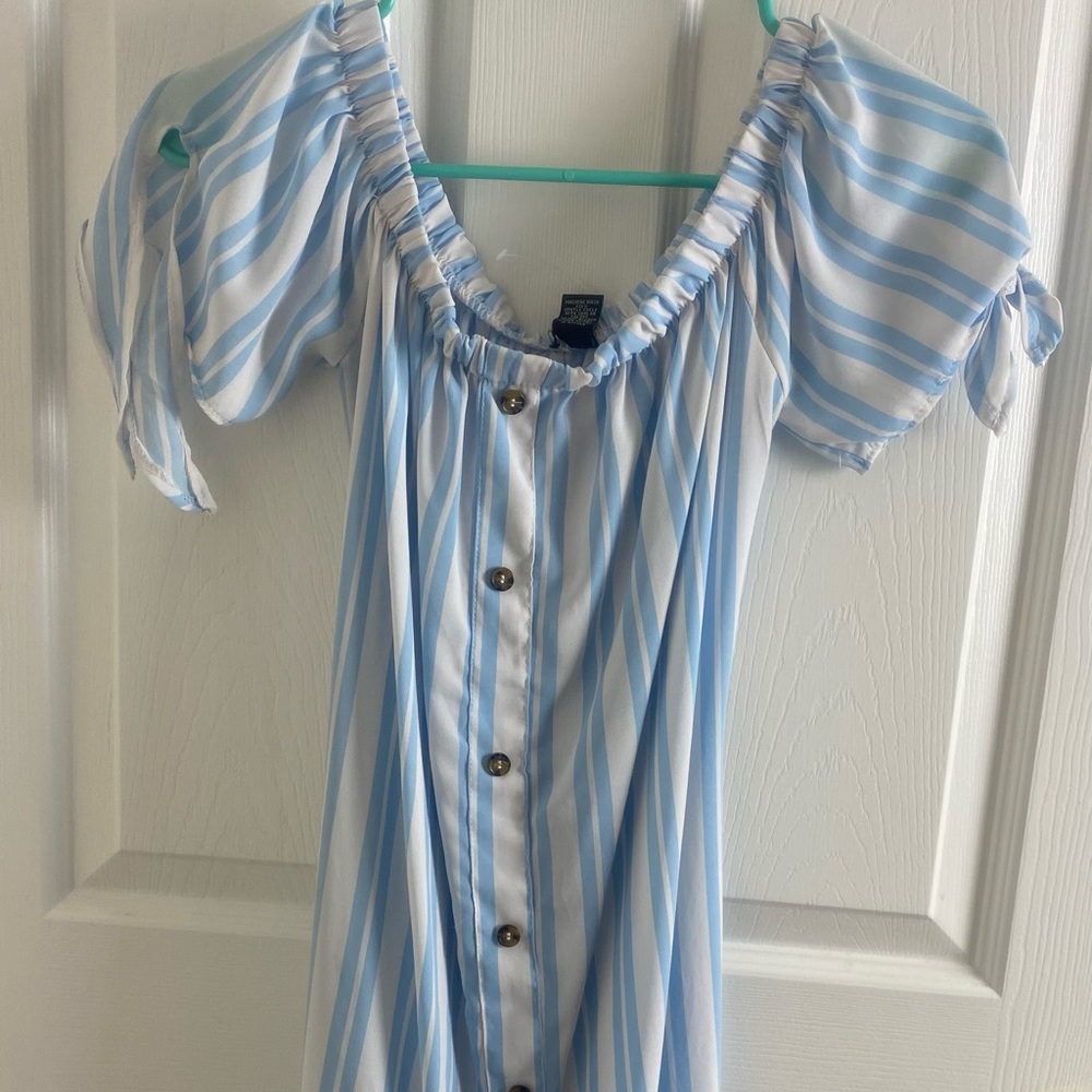 Discovery Clothing White and Blue off the shoulder striped dress